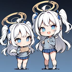  chibi, masterpiece, best quality,1girl, angel, (white hair), long curly hair, (two side up),blue eyes, (two blue ribbons on her hair), ((Double golden halo on her head)), choker, ((angel wings)), ahoge, full body, cute smile, best smile, open mouth, Wearing grey Hooded T-shirt, long sleeves, pleated skirt, (holding a pair of huge chopsticks), ,masterpiece,simple background, ,