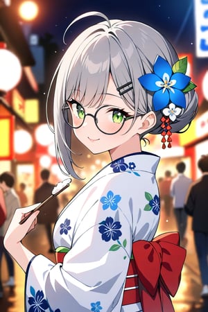 1girl, solo, (gray hair), green eyes, short hair, ahoge, (black round frame glasses:1.2), (black star hairpin), anime style, hair ornament, japanese clothes, flower, hair flower, kimono, looking at viewer, blurry background, blurry, upper body, white kimono, floral print, blush, closed mouth, letterboxed, print kimono, sidelocks, white flower, from side, yukata, short hair, blue flower, obi, night, depth of field, sash,holding, looking back, looking to the side, lips, outdoors, very beautiful girl, smiling, happy, himecut hairstyle, Tokyo, masterpiece quality, stunning image, masterpiece, 8K, stunning image, light particles, attractive image, reflections,  \medium\,Beautiful eyes,