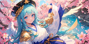  figure, (1girl), (solo), (angel_wings), ((white long curly hair)), blue eyes, two blue ribbons on her hair, (Double golden halo on her head), middle_breast, , cute smile, Japanese military uniform, Japanese military hat, fighting pose, background is cherry blossoms, masterpiece, better_hands, masterpiece, best quality,