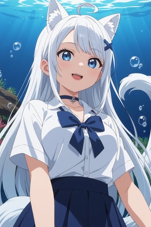 high detail, Smooth, sharp lines, score_9_up, score_8_up, detailed, masterpiece, super cute style, 1girl, stoat girl, solo,  ((white hair)), very long hair, blue eyes, (straight hair), (bangs), animal ears, (stoat ears:1.2),
 Choker, ahoge, yaeba, (big white stoat Tail:1.2), (blue X hairpin), solo, silver hair, white hair, (flirty, smug, eyebrow_raise), open mouth, close up, face, white shirt, button up shirt, blue bowtie, pretty lips, medium breasts, underwater, blue eyes, blue hair ribbon, short sleeves, bubbles, bedroom_eyes, swept_bangs, low-angle view,anime screencap,score_anime