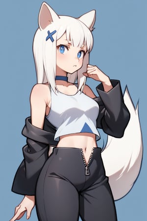 1girl, (stoat girl:1.2), solo,  ((white hair)), very long hair, blue eyes, (straight hair), (bangs), animal ears, ((stoat ears:1.2)), Choker, ahoge, fangs, (big white fox Tail:1.2), (blue X hairpin), (White collared sleeveless top, (midriff), blue chest bow), (black hooded oversized jacket:1.2), ((jacket zipper half unzipped)), ((black short pants)) (Off the shoulders), hand on hip,