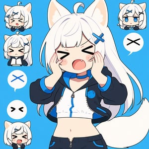 (chibi:1.3), masterpiece, made by a master, 4k, perfect anatomy, perfect details, best quality, high quality, lots of detail.
(solo),1girl, ((stoat girl)), solo,  ((white hair)), very long hair, blue eyes, (straight hair), (bangs), animal ears, (stoat ears:1.2), Choker, ahoge, cute_fang, (big Fox Tail:1.2), (blue X hairpin), (White collared sleeveless top, (midriff), blue chest bow), (black hooded oversized jacket:1.2), (jacket zipper half unzipped), (black short pants) (Off the shoulders), single, (((>_<:1.4))), hands on face, (upper body) ,Emote Chibi. cute comic,simple background, flat color, Cute girl,dal,Chibi Style,lineart,comic book,