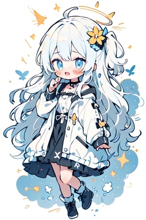 1girl, angel, white hair, long curly hair, (two side up), blue eyes,  (curly hair:1.2), (wavy hair), (hair curls)
, (bangs), (two side up), two blue hair ties on head, (Double golden halo on her head), choker, angel wings, ahoge, fang,solo,,white background,falling down,floating,in air,floating hair,Bubbles, refracted sunlight, light spots, sadness, lowered head,/shelly/