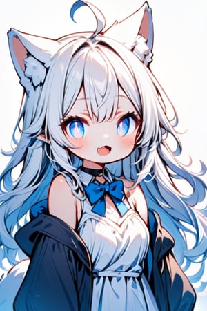 1girl, solo,  ((white hair)), very long hair, blue eyes, (straight hair), (bangs), animal ears, (stoat ears:1.2), Choker, ahoge, fangs, (big stoat Tail:1.2), 
(White sleeveless collared dress, blue chest bow), (black hooded oversized jacket:1.2), (Off the shoulders), looking at viewer, simple background, shirt,, white background, upper body,female ,girl ,