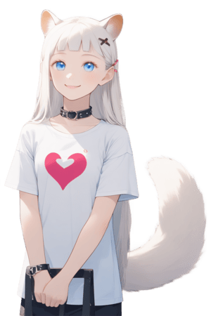 1girl, stoat girl, solo,  ((white hair)), very long hair, blue eyes, (straight hair), (bangs), animal ears, (stoat ears:1.2),
 Choker, ahoge, yaeba, (big white stoat Tail:1.2), (blue X hairpin), hold, holding pink heart, cartoon tshirt, white tshirt, collar, hair covering one eye, looking at the camera, little smile