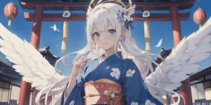  (Best Picture Quality, High Quality, Best Picture Score: 1.3), , Perfect Beauty Score: 1.5, long hair, 1 angel girl, (solo), ((white hair)), (long curly hair), blue eyes, ((two blue ribbons on her hair)), (Double golden halo on her head), (angel wings), (cute outfit), cute smile, (Wearing cute kimono), The background is a Japanese New Year shrine, beautiful, cute, masterpiece, best quality,