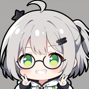 1girl, (gray hair), green eyes, short hair, (Bob Hair), ahoge, (pony tail:1.2), (black round frame glasses:1.2), (black star hairpin), hooded cloak, Hood Down, long sleeve shirt top,
Short skirt, boots, , solo, (chibi, head only), blush, (close-up portrait), (grin), (double v), Upper Body, (Focus on face), simple background,