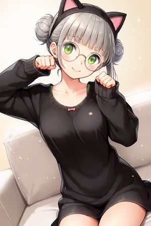 1girl, (gray hair), green eyes, (short hair), (Flat bangs), (one hair bun:1.2), (black round frame glasses:1.2), (cat ear headdress), (fleece top:1.2), long sleeve, Short skirt, (happy), (indoor), (eyes highlight), very beautiful girl, very cute face, (Medium chest), proud expression, :), sitting on sofa, cute pose, headtilt, masterpiece quality, masterpiece, 8K, stunning image, light particles, attractive image, reflections, Dutch Angle Shot,Beautiful eyes,