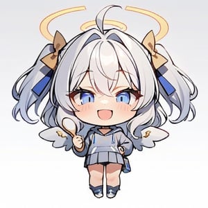  chibi, masterpiece, best quality, solo, 1girl, angel, (white hair), long curly hair, (two side up),blue eyes, (two blue ribbons on her hair), ((Double golden halo on her head)), choker, ((angel wings)), ahoge, full body, cute smile, best smile, open mouth, Wearing grey Hooded T-shirt, long sleeves, pleated skirt, (holding a huge spoon), ,masterpiece,simple background, ,