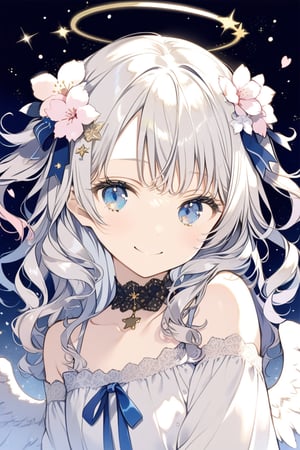 masterpiece, best quality, aesthetic,1girl, angel, white hair, long curly hair, two side up, (blue eyes), two blue ribbons on her hair, (Double golden halo on her head), choker, angel wings, bangs, smile, sakura, kirakira,