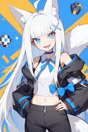 1girl, (stoat girl:1.2), solo,  ((white hair)), very long hair, blue eyes, (straight hair), (bangs), animal ears, ((stoat ears:1.2)), Choker, ahoge, fangs, (big white fox Tail:1.2), (blue X hairpin), (White collared sleeveless top, (midriff), blue chest bow), (black hooded oversized jacket:1.2), ((jacket zipper half unzipped)), ((black short pants)) (Off the shoulders), hand on hip,