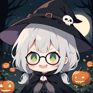 1girl, solo, (gray hair), green eyes, ahoge, (low-pigtail hairs:1.2), (black round frame glasses:1.2), (Witch hat), (Witch cloak), Witch dress, (cute pose), cobweb, (skull), pumpkin lantern, moon, blush, (In the forest at night), (eyes highlight), standing, ((upper body)), very beautiful girl, crazy smiling, slightly angry, himecut hairstyle, solo, (chibi), (Focus on face), chibi style