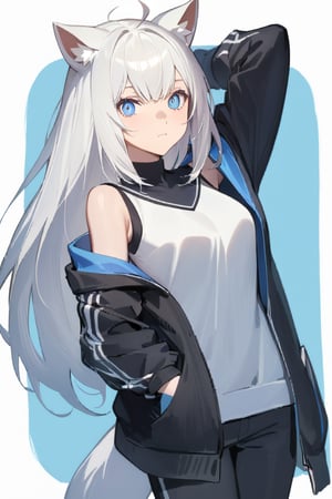 1girl, (stoat girl:1.2), solo,  ((white hair)), very long hair, blue eyes, (straight hair), (bangs), animal ears, ((stoat ears:1.2)),
 Choker, ahoge, fangs, (big white fox Tail:1.2), (blue X hairpin), (White collared sleeveless top, (midriff), blue chest bow), 
(black hooded oversized jacket:1.2), ((jacket zipper half unzipped)), ((black short pants)) (Off the shoulders), hand on hip,