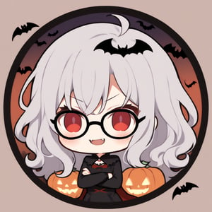 1girl, (gray hair), red eyes, ahoge, (long curly hairs), (black round frame glasses:1.2), (vampire style dress), (Vampire Fangs) , (Arms Crossed), bats, cobweb, pumpkin lantern, moon, blush, (simple halloween background), (eyes highlight), standing, ((upper body)), very beautiful girl, smiling, slightly angry, himecut hairstyle, solo, (chibi), (Focus on face), 