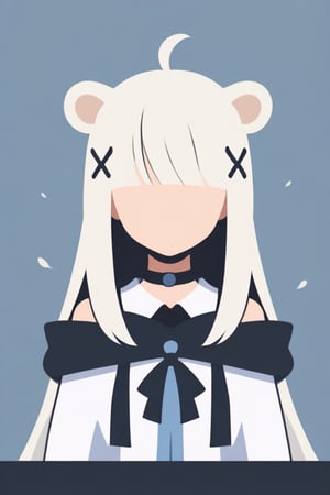 score_9, score_8_up, score_7_up, Minimalstyle, 1girl, solo,  ((white hair)), very long hair, blue eyes, (straight hair), (bangs), animal ears, (stoat ears:1.2), Choker, ahoge, fangs, (big stoat Tail:1.2), (X hairpin), (White sleeveless collared dress, blue chest bow), (black hooded oversized jacket:1.2), (Off the shoulders) ,simple, faceless female, beautiful, extremely detailed, vector, headshot,falling leaves,minimalstyle,