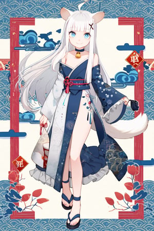 1 girl, stoat girl, solo,  ((white hair)), very long hair, blue eyes, (straight hair), (bangs), animal ears, (stoat ears:1.2),
 Choker, ahoge, yaeba, (big stoat Tail:1.2), (blue X hairpin), solo, simple background, Japanese pattern background, looking at viewer, bangs, smiling, blue eyes, frilly skirt, hair accessory, long sleeves, bare shoulders, mouth closed, standing, standing with one leg up, full body, sleeves removed, Japanese dress, sleeveless, black footwear, sleeves up to wrist, bell, sandals, Hanafuda cards,ink paint