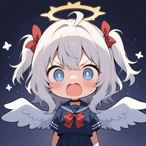 1girl, angel, white hair, long curly hair, (two side up), blue eyes, two blue bows on head, (Double golden halo on her head), choker, angel wings on back, ahoge,  (Sailor Suit), (student uniform), dark blue collar, (red bow tie), Dark blue pleated skirt, blush, (In a dark room), (eyes highlight), standing, ((upper body)), very beautiful girl, shock, surprise, eyes wide open, Open mouth wide, sweat, slightly angry, himecut hairstyle, solo, (chibi), (Focus on face),((Chibi character))