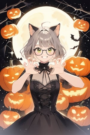 1girl, (gray hair), green eyes, ahoge, (striking bob cut and intense), (black round frame glasses:1.2), Gothic lolita style dress, cat ears, , (claw pose), bats, cobweb, pumpkin lantern, moon, blush, (simple halloween background), (eyes highlight), standing, ((upper body)), very beautiful girl, smiling, happy, himecut hairstyle, masterpiece quality, stunning image, masterpiece, 8K, stunning image, light particles, attractive image, reflections,  \medium\,Beautiful eyes,