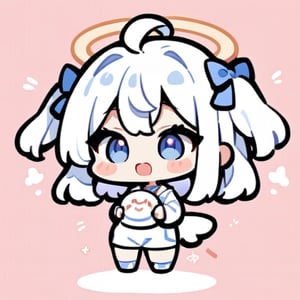  chibi, masterpiece, best quality, solo, 1girl, angel, white hair, long curly hair, (two side up), blue eyes, two blue bows on head, (Double golden halo on her head), choker, angel wings on back, ahoge, full body, cute smile, best smile, open mouth, Wearing blue and white dress, short pants, (Holding a huge stand sign), simple background,masterpiece,Chibi anime,doodle,cute comic,