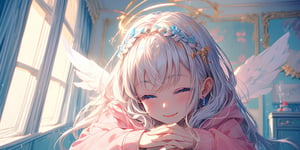 1girl, angel, white hair, long curly hair, blue eyes, two blue ribbons on her hair, (Double golden halo on her head), angel wings,, beautiful face, (eyes closed), happiness, closed mouth smile, pink lips, holding face with both hands, cute hoodie, cute room, cute interior,portrait