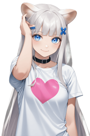 1girl, stoat girl, solo,  ((white hair)), very long hair, blue eyes, (straight hair), (bangs), animal ears, (stoat ears:1.2),
 Choker, ahoge, yaeba, (big white stoat Tail:1.2), (blue X hairpin), hold, holding pink heart, cartoon tshirt, white tshirt, collar, hair covering one eye, looking at the camera, little smile,