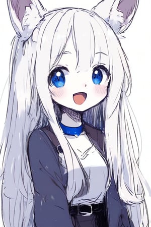 1girl, stoat girl, solo,  ((white hair)), very long hair, blue eyes, (straight hair), (bangs), animal ears, (stoat ears:1.2),
 Choker, ahoge, fangs, (big stoat Tail:1.2), (blue X hairpin), (White collared sleeveless top, (midriff), blue chest bow), 
(black hooded oversized jacket:1.2), (jacket zipper half unzipped), (black short pants) (Off the shoulders), anime, eating,Anime Style.