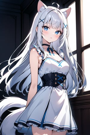 1girl, stoat girl, solo,  ((white hair)), very long hair, blue eyes, (straight hair), (bangs), animal ears, (stoat ears:1.2),
 Choker, ahoge, yaeba, (big white stoat Tail:1.2), (blue X hairpin), solo, long hair, breasts, looking at viewer, bangs, hair ornament, no sleeves, dress, ribbon, medium breasts, closed mouth, frills, parted lips, hairclip, indoors, white dress, blue ribbon, neck blue ribbon, floating hair, corset