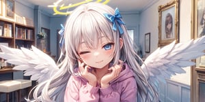 1girl, angel, white hair, long curly hair, blue eyes, two blue ribbons on her hair, (Double golden halo on her head), angel wings,, beautiful face, (eyes closed), happiness, closed mouth smile, pink lips, holding face with both hands, cute hoodie, cute room, cute interior