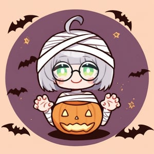 1girl, (gray hair), green eyes, ahoge, (striking bob cut and intense), (black round frame glasses:1.2), mummy dress up, Bandage outfit, Full body bandage, (claw pose), bats, cobweb, pumpkin lantern, moon, blush, (simple halloween background), (eyes highlight), standing, ((upper body)), very beautiful girl, smiling, happy, himecut hairstyle (eyes highlight), standing, solo, (chibi), (Focus on face), 