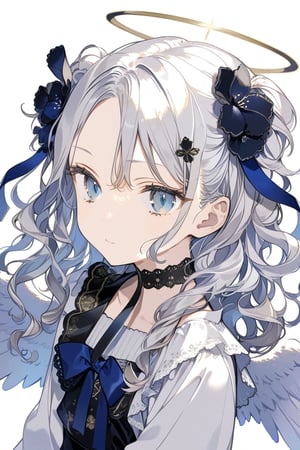 masterpiece, best quality, aesthetic,1girl, angel, white hair, long curly hair, two side up, (blue eyes), two blue ribbons on her hair, (Double golden halo on her head), choker, angel wings,samurai,sakura