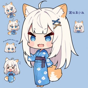 (chibi:1.3), masterpiece, made by a master, 4k, perfect anatomy, perfect details, best quality, high quality, lots of detail.
(solo),1girl, ((stoat girl)), solo,  ((white hair)), very long hair, blue eyes, (straight hair), (bangs), animal ears, (stoat ears:1.2), Choker, ahoge, cute_fang, (big Fox Tail:1.2), (blue X hairpin), (cute yukata, colorful yukata), smiling, single, (((>_<:1.4))), (upper body) ,Emote Chibi. cute comic,simple background, flat color, Cute girl,dal,Chibi Style,lineart,comic book,