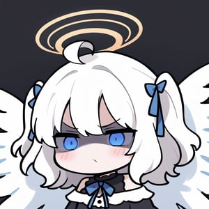 1girl, angel, white hair, long curly hair, (two side up), blue eyes, two blue bows on head, (Double golden halo on her head), choker, ((angel wings on back)), ahoge,  (White gothic lolita style ruffle dress, blue ribbon), ((Off the shoulders:1.2)), solo, (chibi, head only), blush, mouth close, (close-up portrait), (angry, blush, pouty), ((shadow face:1.3)), (glowing eyes), Upper Body, (Focus on face), simple white background,((Chibi character)),IncrsPunchMeme,incoming punch