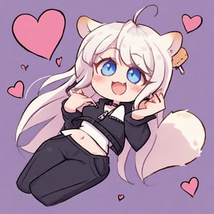 Heart background,1girl, stoat girl, solo,  ((white hair)), very long hair, blue eyes, (straight hair), (bangs), animal ears, (stoat ears:1.2),
 Choker, ahoge, fangs, (big stoat Tail:1.2), (blue X hairpin), (White collared sleeveless top, (midriff), blue chest bow), 
(black hooded oversized jacket:1.2), (jacket zipper half unzipped), (black short pants) (Off the shoulders), happy, smile,smug face, heart,l ong hair,seductive smile, blush,full body,girl focus, navel,food, midriff, 