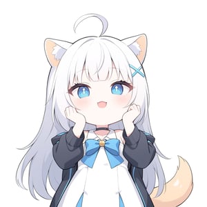 (chibi style), {{{masterpiece}}}, {{{best quality}}}, {{ultra-detailed}}, {beautiful detailed eyes},1girl, solo,  ((white hair)), very long hair, blue eyes, (straight hair), (bangs), animal ears, (stoat ears:1.2), Choker, ahoge, fangs, (big stoat Tail:1.2), (blue X hairpin), (White sleeveless collared dress, (Two-piece dress), (blue chest bow)), (black hooded oversized jacket:1.2), (Off the shoulders), 
(((>.<))), (hands on face), upper body,chibi emote style,chibi,emote, cute,Emote Chibi,comic book,cutechibiprofile