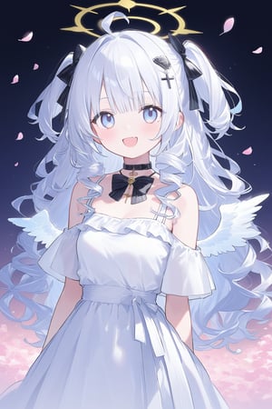 1girl, angel, white hair, long curly hair, (two side up), blue eyes,  (curly hair:1.2), (wavy hair), (hair curls)
, (bangs), (two side up), two blue hair ties on head, (Double golden halo on her head), bowtie choker, angel wings, ahoge, fang, (((white T-shirt))), virtual_youtuber, solo, long_hair, dress, eyepatch, looking_at_viewer, smile, ahoge, open_mouth, gothic_lolita, lolita_fashion, bare_shoulders, breasts, blush, mole_under_eye, , mole, bangs, cross, choker, collarbone, petals, 