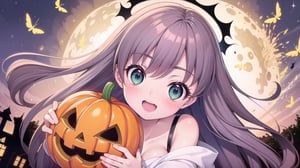 (best picture quality, masterpiece, high quality: 1.3), (sharpest picture quality), perfect beauty: 1.5, (a beaty angel ),sliver long curly hair,blue eyes, The temples on both sides are decorated with blue ribbons, 
(Double golden halo on her head), uniform, red hairpiece, Halloween, cute jack-o-lantern, candy, fantastic, one woman,, beautiful girl, cute, perfect proportions, best smile, fluttering skirt, (most fantastic scenery), (long hair), white panties visible, pumpkin hat