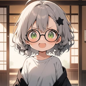 1girl, (gray hair), green eyes, medium hair, (double braid), ahoge, (black round frame glasses:1.2), (black star hairpin), (T-shirt), (hanten jacket), cotton pants, Off-shoulder, (happy), (in Japanese room), (eyes highlight), standing, ((upper body)), very beautiful girl, eyes wide open, closed mouth, sweat, slightly angry, himecut hairstyle, solo, (chibi), (Focus on face),((Chibi character))