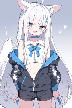 2d,fantastic,masterpiece,best quality,hdr,high resolution,perfect anatomy, extremely detailed, nsfw,1girl, stoat girl, solo, ((white hair)), very long hair, blue eyes, (straight hair), (bangs), animal ears, (stoat ears:1.2), Choker, ahoge, fangs, (big white fox Tail:1.2), (blue X hairpin),  (White collared sleeveless top, (midriff), blue chest bow), (black hooded oversized jacket:1.2), (jacket zipper half unzipped), (black short pants) (Off the shoulders),, smiling, (bags_under_eyes,jitome),clothed,skin fang,open mouth,tongue,smile,