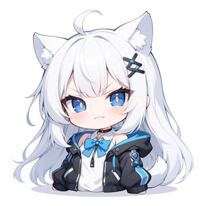 (chibi style), {{{masterpiece}}}, {{{best quality}}}, {{ultra-detailed}}, {beautiful detailed eyes},1girl, solo,  ((white hair)), very long hair, blue eyes, (straight hair), (bangs), animal ears, (stoat ears:1.2), Choker, ahoge, fangs, (big stoat Tail:1.2), (X hairpin), (White sleeveless collared dress, (Two-piece dress), (blue chest bow)), (black hooded oversized jacket:1.2), (Jacket zipper half zipped), (Off the shoulders), ((shadow face:1.2)), (angry eyes), (closed mouth), upper body,chibi emote style,chibi,emote, cute,