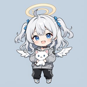 chibi, sd, masterpiece, made by a master, 4k, perfect anatomy, perfect details, best quality, high quality, lots of detail.
(solo),1girl, ((angel)), ((white hair)), long curly hair, (two side up), blue eyes,  (curly hair:1.2), (wavy hair), (hair curls), (bangs), (two side up), two ((blue)) hair ties on head, (Double golden halo on her head), choker, ((angel wings)), ahoge, fang, smile, happy, (Gray long sleeve hooded top), Black long pants, white socks, single, looking at viewer, mouth wide open, (Holding a white cat head stuffed doll), (full body) ,Emote Chibi. cute comic,simple background, flat color, Cute girl,dal,Chibi Style,lineart,