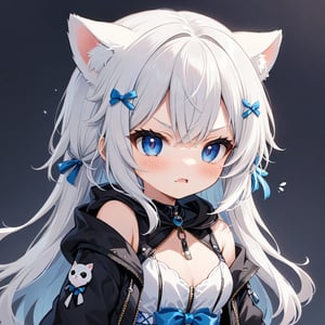 (chibi style), {{{masterpiece}}}, {{{best quality}}}, {{ultra-detailed}}, {beautiful detailed eyes},1girl, solo,  ((white hair)), very long hair, blue eyes, (straight hair), (bangs), animal ears, (stoat ears:1.2), Choker, ahoge, fangs, (big stoat Tail:1.2), (X hairpin), (White sleeveless collared dress, (Two-piece dress), (blue chest bow)), (black hooded oversized jacket:1.2), (Jacket zipper half zipped), (Off the shoulders), ((shadow face:1.2)), (angry eyes), (closed mouth), upper body,chibi emote style,chibi,emote, cute,