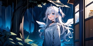 shiny, vibrant colors, female, masterpiece, sharp focus, best quality, depth of field, cinematic lighting, ((solo, one girl)), (illustration, 8k CG, extremely detailed), masterpiece, ultra-detailed, Anime-style illustration Bus stop sign when it rains at night. 1girl, angel, white hair, long curly hair, two side up, blue eyes, two blue ribbons on her hair, (Double golden halo on her head), lace choker, ((angel wings)), (full body), umbrella, Wearing grey Hooded T-shirt, long sleeves, is looking up at the kamera with a surprised expression, cute smile. best smile, open mouth, outdoor, night, countryside,
rain, forest, Under the big tree, bus station, standing with (totoro), (big totoro) with umbrella,Blustery, dark background,Flat vector art,Anime