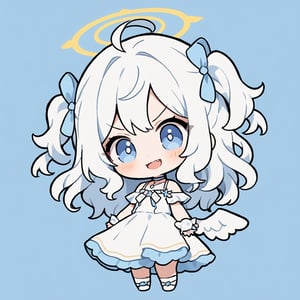 chibi, sd, masterpiece, made by a master, 4k, perfect anatomy, perfect details, best quality, high quality, lots of detail.
1girl, (angel), (white hair), long curly hair, (two side up), blue eyes,  (curly hair:1.2), (wavy hair), (hair curls), (bangs), (two side up), two (blue) hair ties on head, (Double golden halo on her head), choker, ((angel wings)), ahoge, White dress with blue trim, single, looking at camera, smiling, fang, happy, slightly angry, chibi, Emote Chibi.
simple background, Line,cute comic,simple background, flat color,chibi,Cute girl,dal