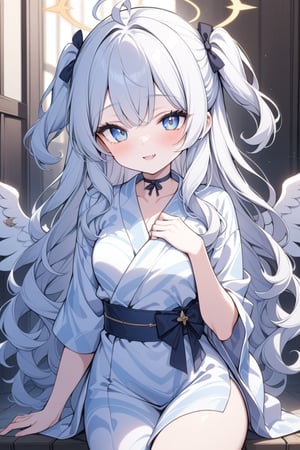  {{{masterpiece}}}, {{{best quality}}}, {{ultra-detailed}}, {beautiful detailed eyes}, 1girl, solo, angel, white hair, long curly hair, (two side up), blue eyes,  (curly hair:1.2), (wavy hair), (hair curls), (bangs), (two side up), two blue hair ties on head, (Double golden halo on her head), bowtie choker, angel wings, ahoge, fang,, (cute yukata, colorful yukata), smiling ,Eyes,Beautiful eyes,