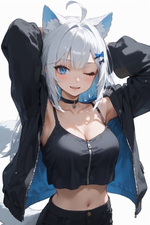 1girl, stoat girl, solo,  ((white hair)), very long hair, blue eyes, (straight hair), (bangs), animal ears, (stoat ears:1.2),
 Choker, ahoge, fangs, (big stoat Tail:1.2), (blue X hairpin), (White collared sleeveless top, (midriff), blue chest bow), 
(black hooded oversized jacket:1.2), (jacket zipper half unzipped), (black short pants) (Off the shoulders), solo, breasts, looking at viewer, blush, bangs, simple background, hair ornament, white background, navel, cleavage, medium breasts, collarbone, jacket, upper body, multicolored hair, one eye closed, midriff, virtual youtuber, hood,armpits, arms up, camisole, cropped torso, colored inner hair, stretching, black camisole, vivid color, masterpiece, best quality, amazing quality, very aesthetic, absurdres, depth of field, score_9, score_8, score_7, score_6,sexy girl,1girl,GEN