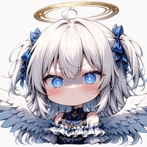 1girl, angel, white hair, long curly hair, (two side up), blue eyes, two blue bows on head, (Double golden halo on her head), choker, ((angel wings on back)), ahoge,  (White gothic lolita style ruffle dress, blue ribbon), ((Off the shoulders:1.2)), solo, (chibi, head only), blush, mouth close, (close-up portrait), (angry, blush, pouty), ((shadow face:1.3)), (glowing eyes), Upper Body, (Focus on face), simple white background,((Chibi character)), (punch)