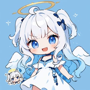masterpiece, made by a master, 4k, perfect anatomy, perfect details, best quality, high quality, lots of detail.
1girl, angel, (white hair), long curly hair, (two side up), blue eyes,  (curly hair:1.2), (wavy hair), (hair curls), (bangs), (two side up), two (blue) hair ties on head, (Double golden halo on her head), choker, (angel wings), ahoge, White dress with blue trim, single, looking at camera, smiling, fang, happy, slightly angry, chibi, Emote Chibi.
simple background, Line,cute comic,chibi emote style