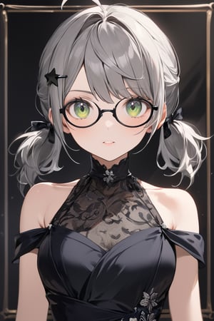  1girl, solo, (gray hair), green eyes, (short Twin ponytails:1.2), ahoge, (black round frame glasses:1.2), (black star hairpin), Beautiful girl. She is very badass, she wears a very fancy evening dress. detailed image, detailed skin, very close-up. silver brushtrokes in background.,Eyes,Beautiful eyes,INK,Detail