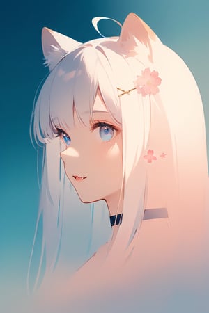 silhouette of astoat girl, solo,  ((white hair)), very long hair, blue eyes, (straight hair), (bangs), animal ears, (stoat ears:1.2), Choker, ahoge, fangs, (big stoat Tail:1.2), (blue X hairpin),Soft colors. Inside the silhouette you can see the double exposure with a sakura flower, masterpiece, ((double exposure)), proportional.,DOUBLE EXPOSURE