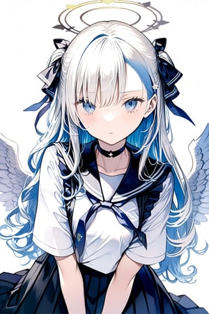 masterpiece, best quality, aesthetic,a mature 1girl, angel, white hair, long curly hair, (two side up), blue eyes, Two blue hair ties on head , (Double golden halo on her head), choker, angel wings,ahoge,hair over one eye,samurai,(vintage jkseifuku:1.4),sakura